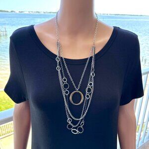 Layered Chain Necklace Silver Tone Hematite Geometric